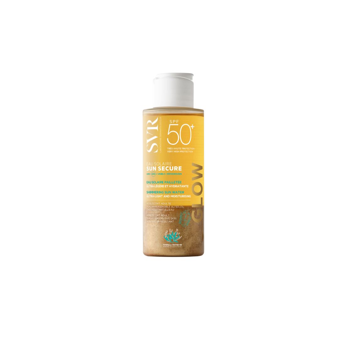 SVR SUN SECURE Eau Solaire Glow SPF50+ bottle with a white cap and golden, shimmering liquid sunscreen formula.