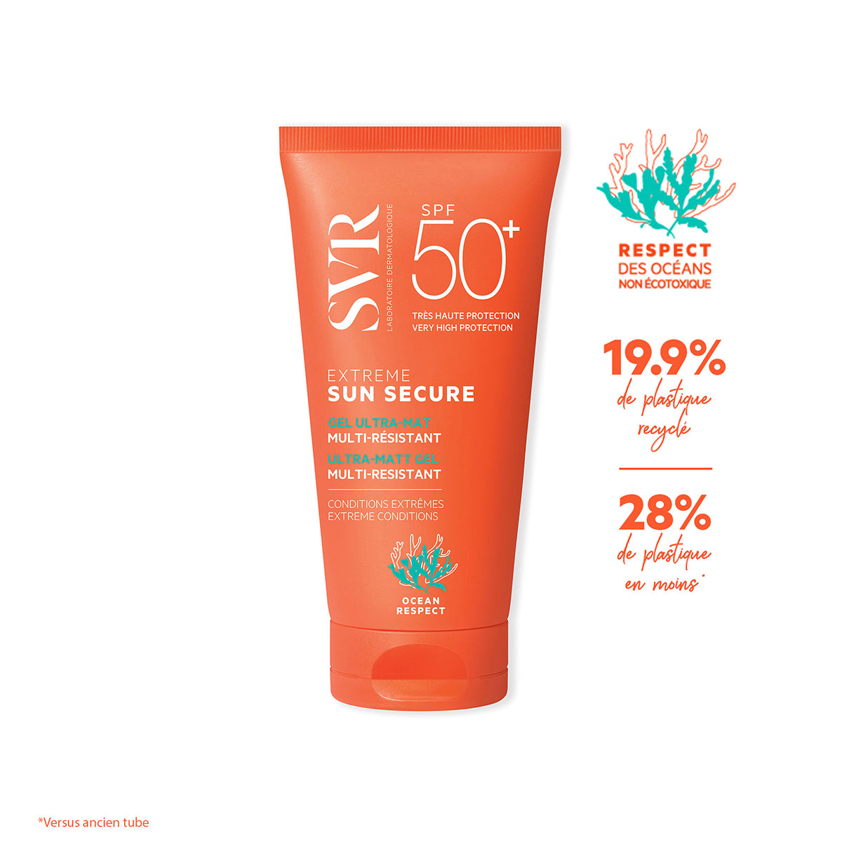 Orange SVR SUN SECURE Extrême SPF50+ ultra-matt gel sunscreen tube with ocean-friendly branding and recycled plastic details.