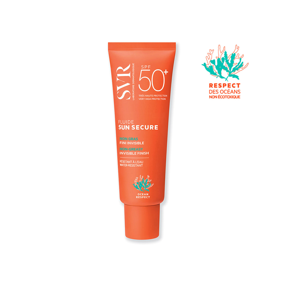 Orange SVR SUN SECURE SPF50+ sunscreen tube with white text and ocean-friendly coral icon on a white background.