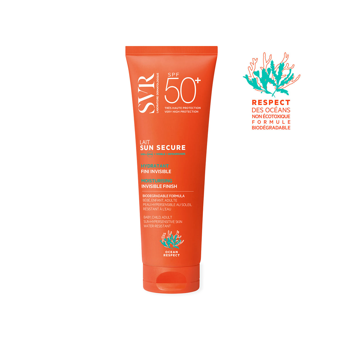 Orange SVR SUN SECURE Lait SPF50+ sunscreen tube with white text and an ocean-friendly coral logo.