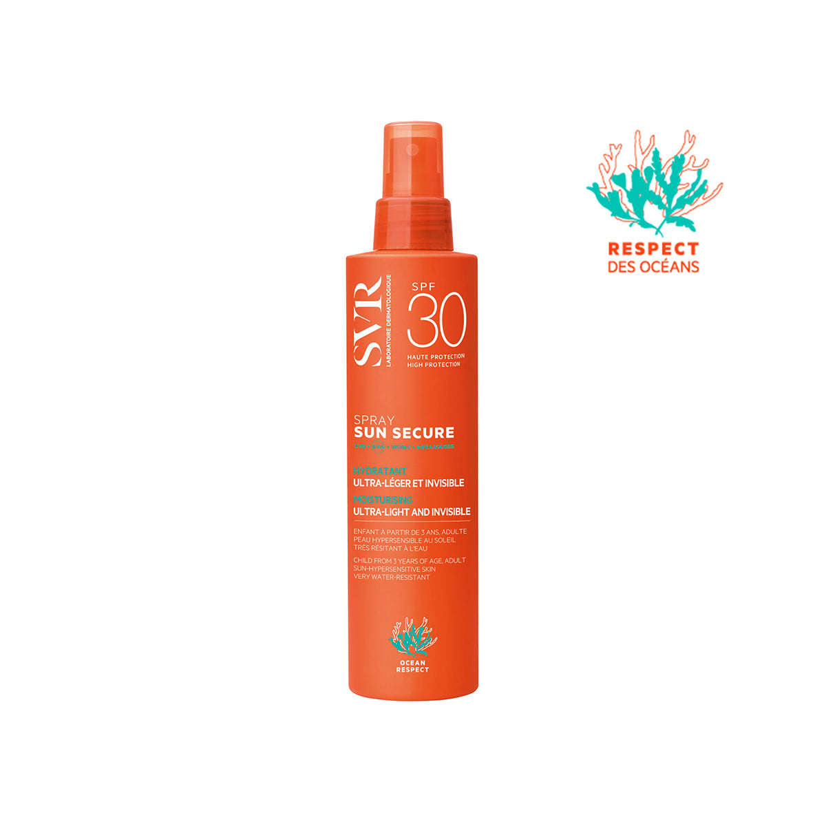 Orange SVR SUN SECURE SPF30 spray bottle with a clear cap and white text, featuring an Ocean Respect coral logo.