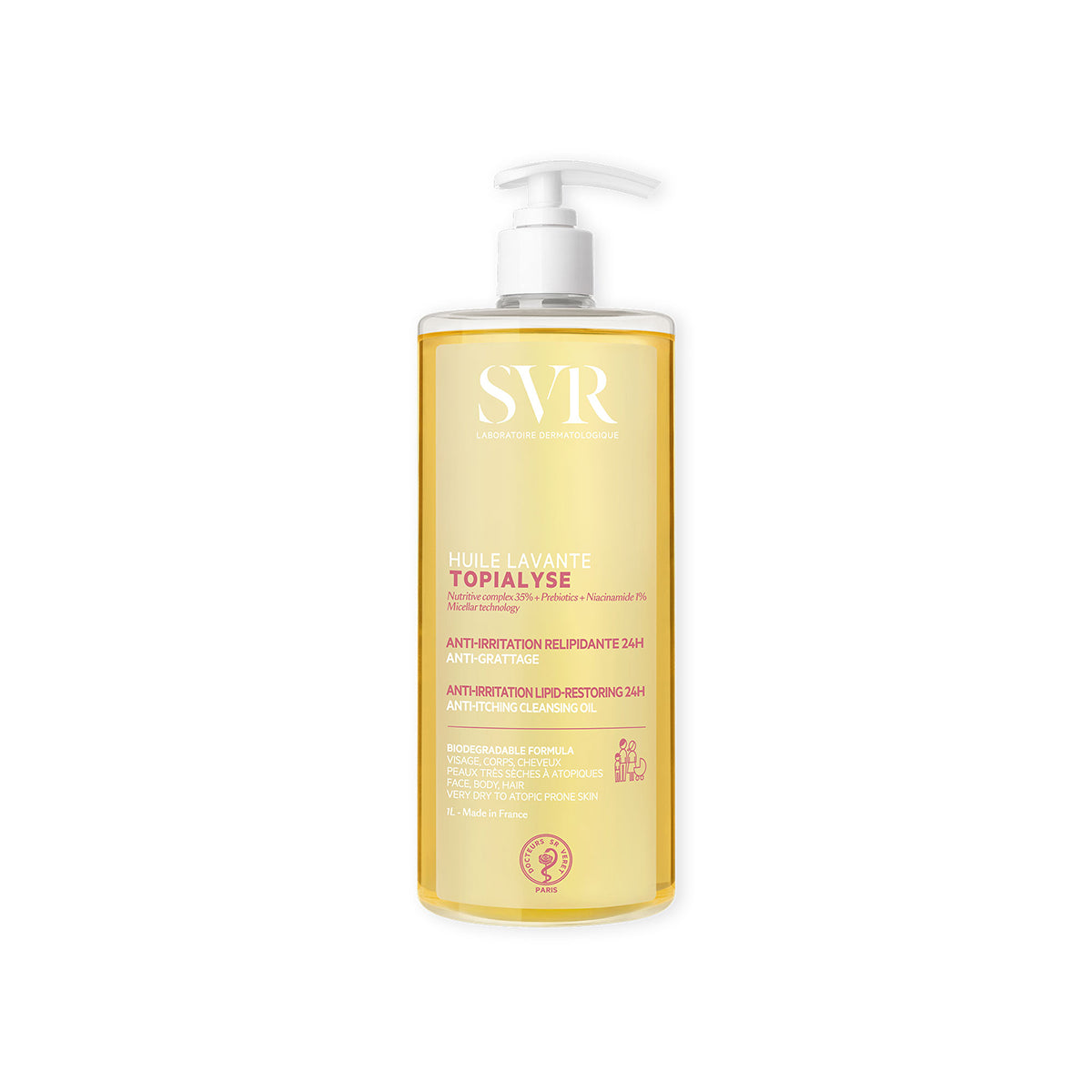 SVR TOPIALYSE Huile Lavante 1L pump bottle with golden cleansing oil for dry, atopic-prone skin.