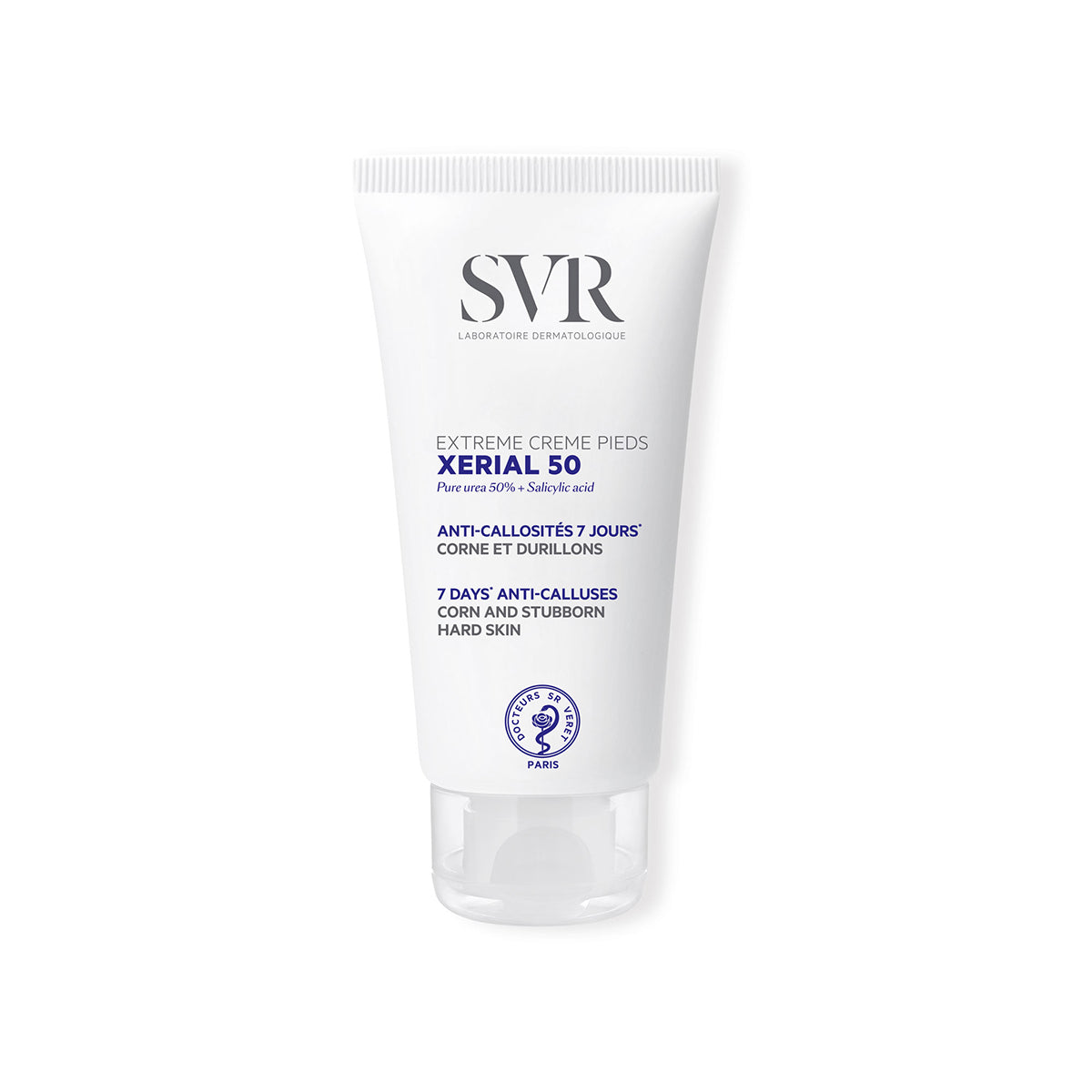 White squeeze tube of SVR XERIAL 50 Extrême foot cream with blue and grey text on a clean white background.