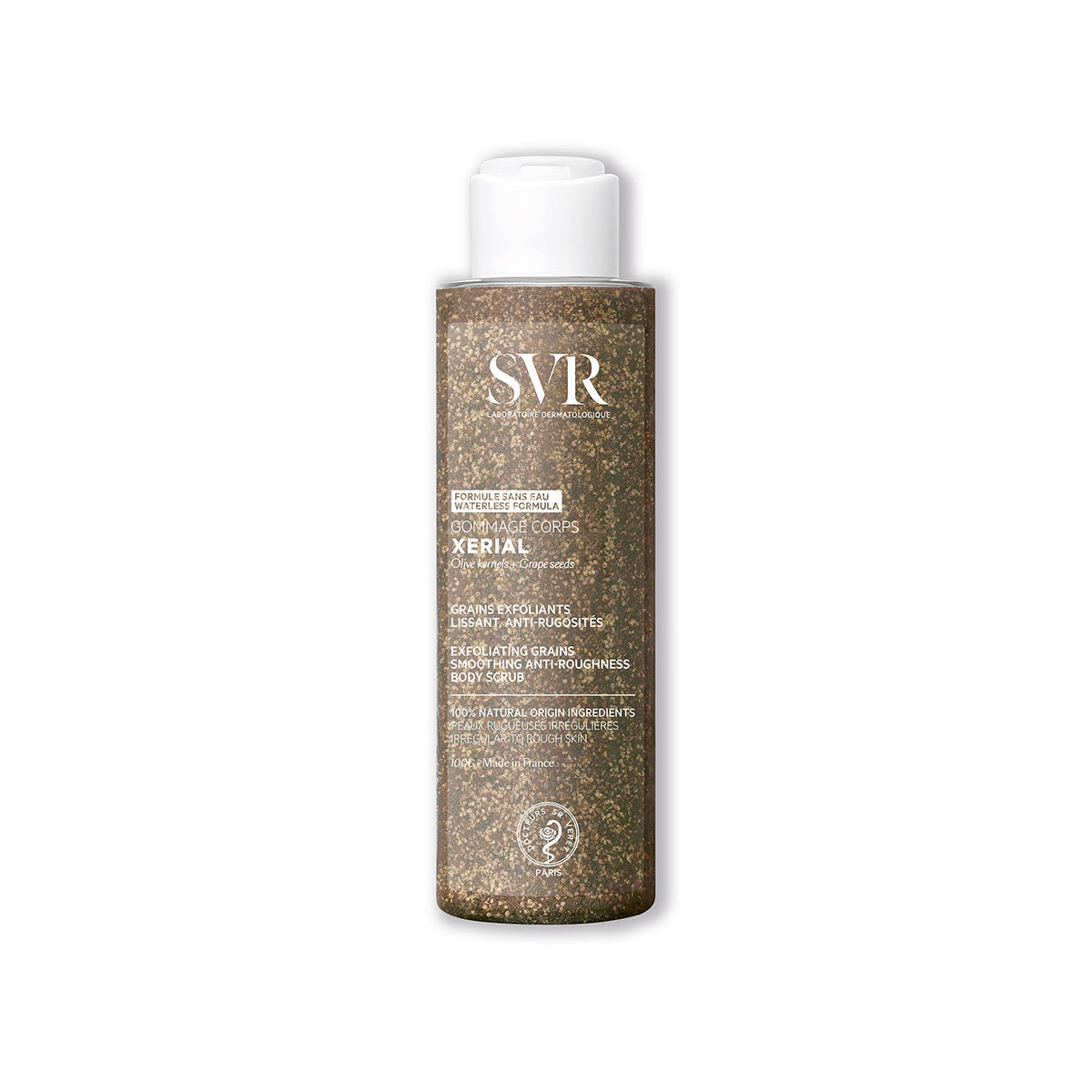 SVR XERIAL Gommage body scrub in a tall, textured brown bottle with a white flip-top cap and exfoliating grain details.