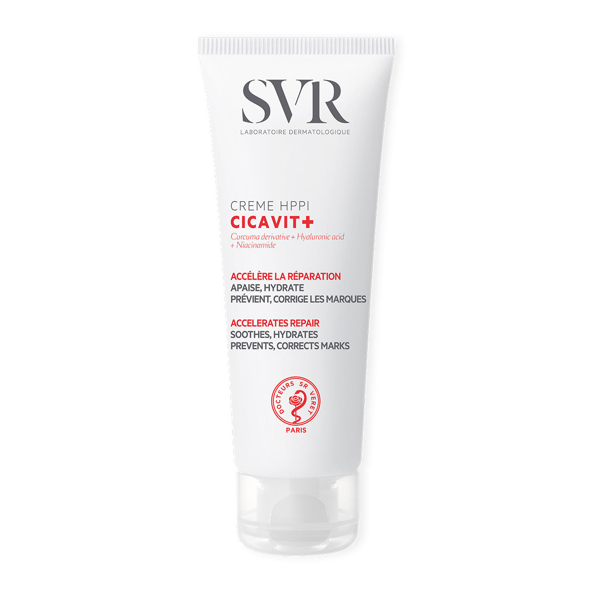 White 40ml tube of SVR CICAVIT+ Crème HPPI with red and black text, featuring a clear flip-top cap and brand logo.