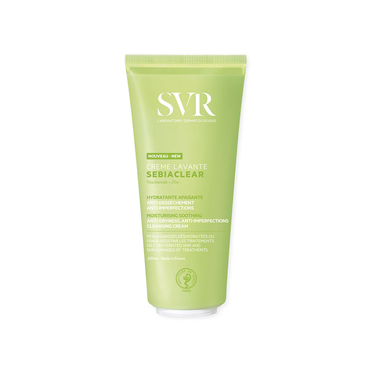 SVR Sebiaclear Creme Lavante 200ml cleansing cream in a light green squeeze tube with white text.