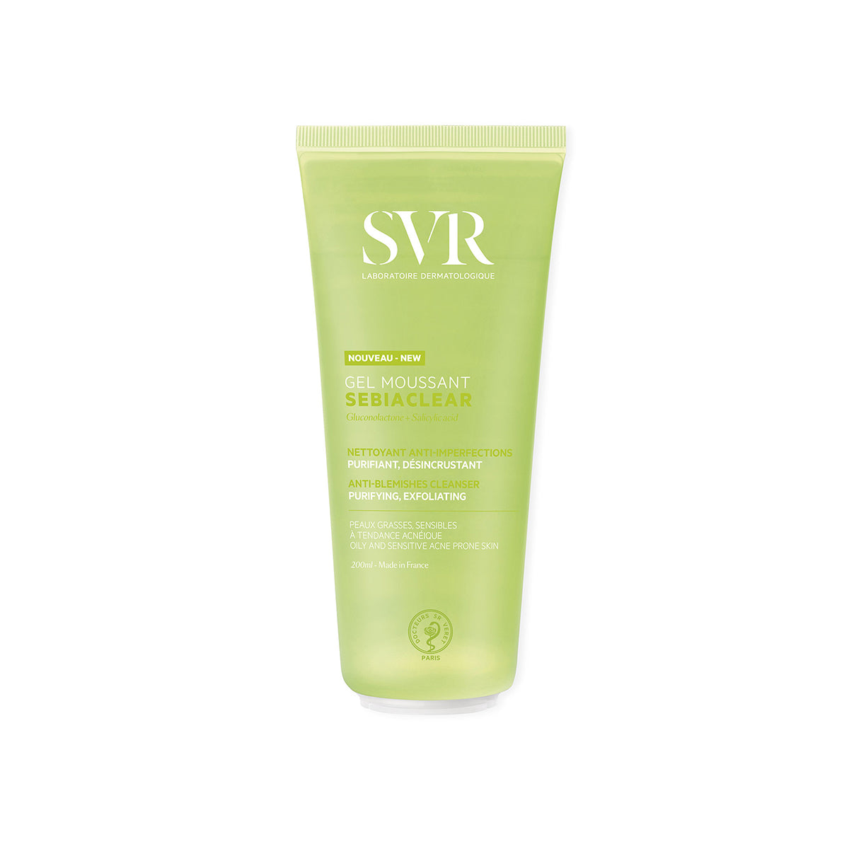 SVR SEBIACLEAR Gel Moussant 200ml purifying and exfoliating cleanser in a translucent light green squeeze tube.