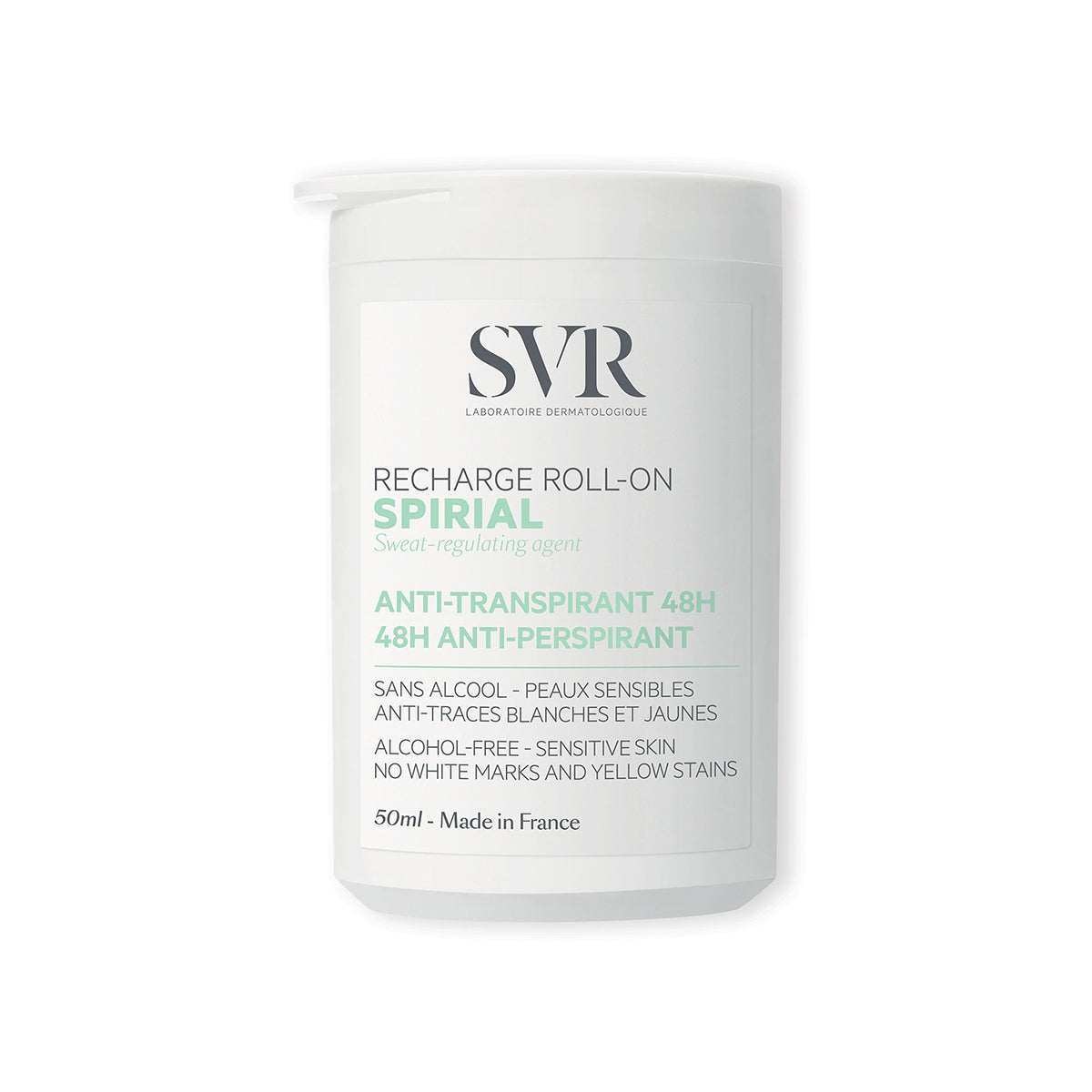 SVR Spirial 50ml roll-on antiperspirant in a white cylindrical bottle with green and black text for sensitive skin.