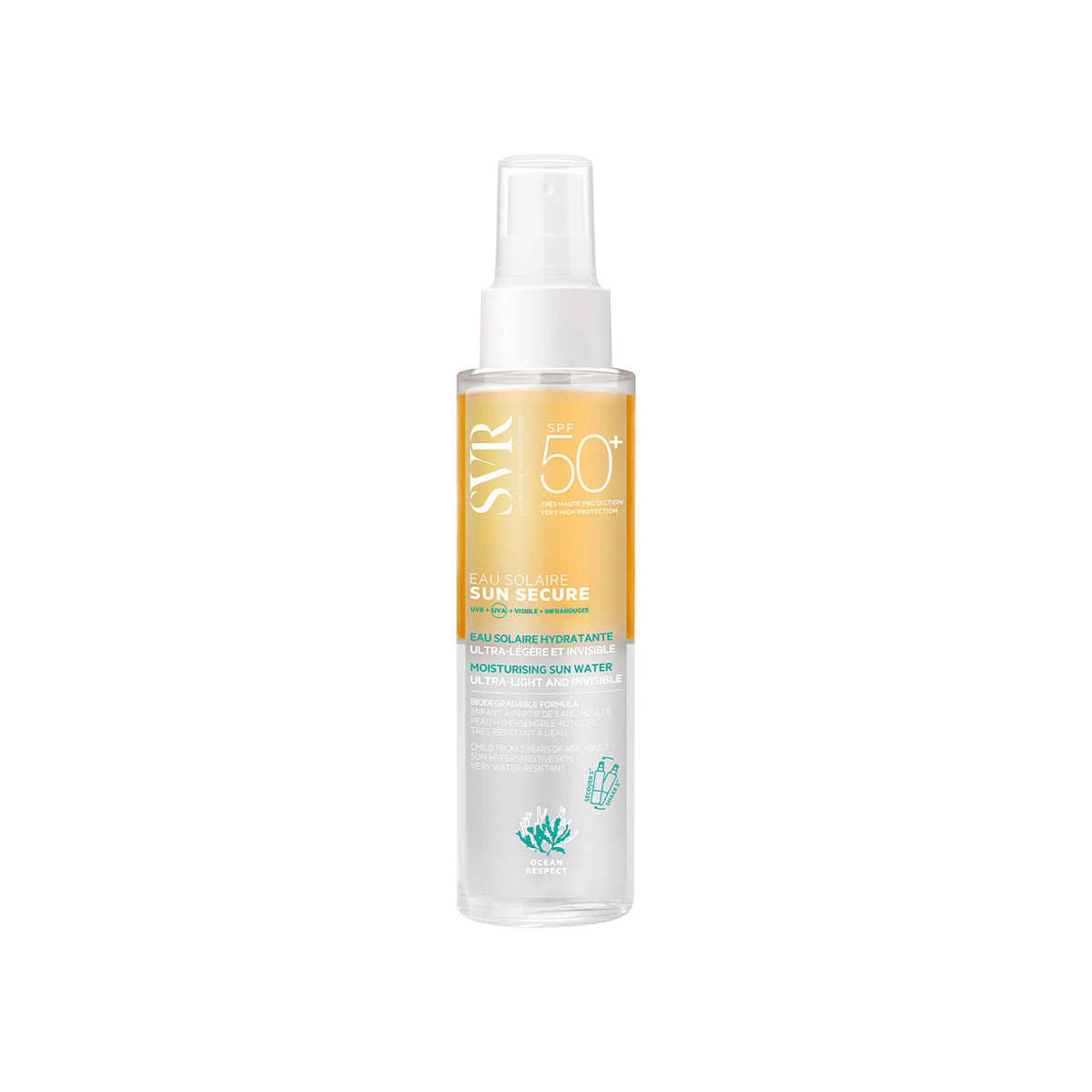 SVR SUN SECURE SPF50+ moisturizing sun water spray in a clear 200ml bottle with an orange and white label.