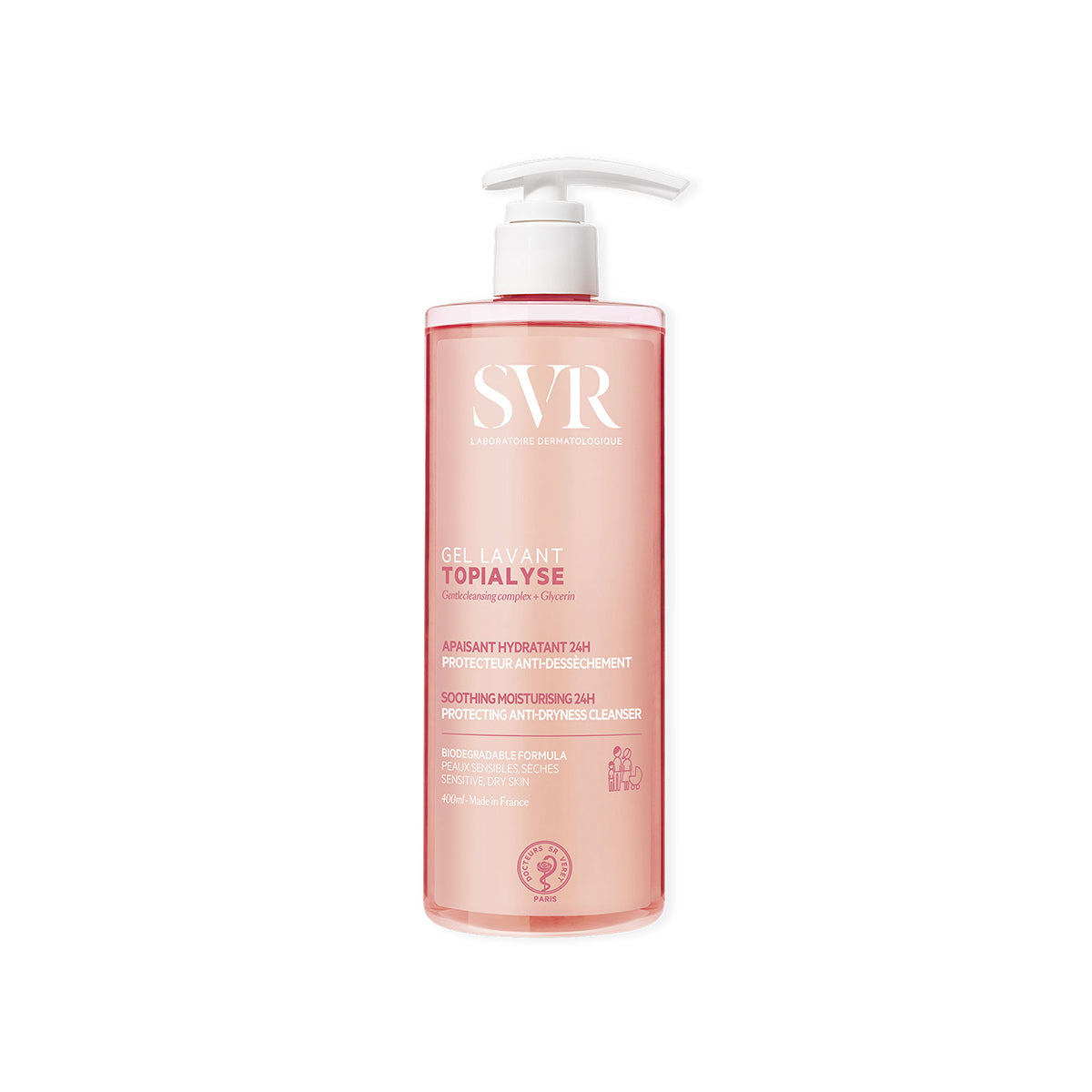 SVR TOPIALYSE Gel Lavant 400ml pump bottle with pink translucent cleanser for sensitive, dry skin.