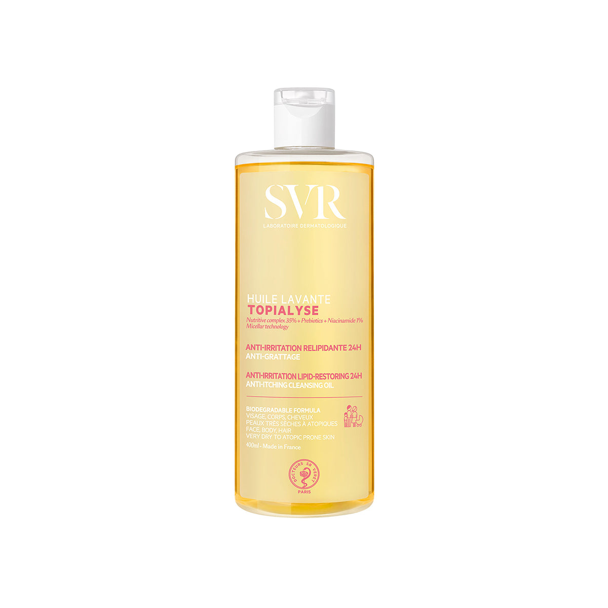 SVR TOPIALYSE Huile Lavante 400ml cleansing oil bottle with amber liquid, white cap, and descriptive product text.