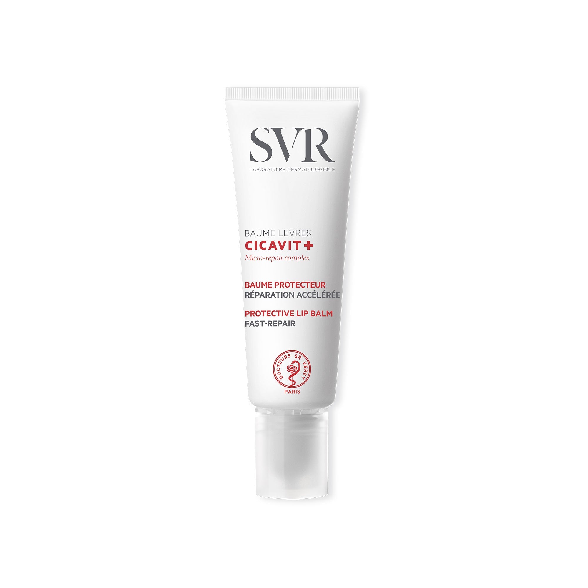 SVR CICAVIT+ protective lip balm in a white squeeze tube with red and black text on a clean white background.