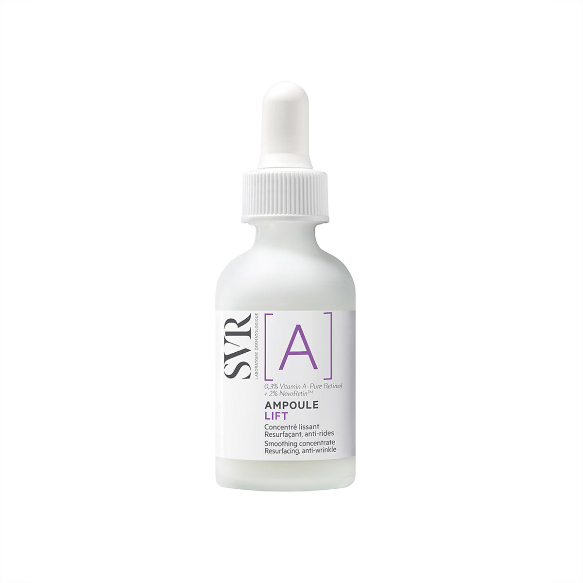 SVR [A] Ampoule Lift retinol serum in a frosted glass bottle with a white dropper cap and purple label details.