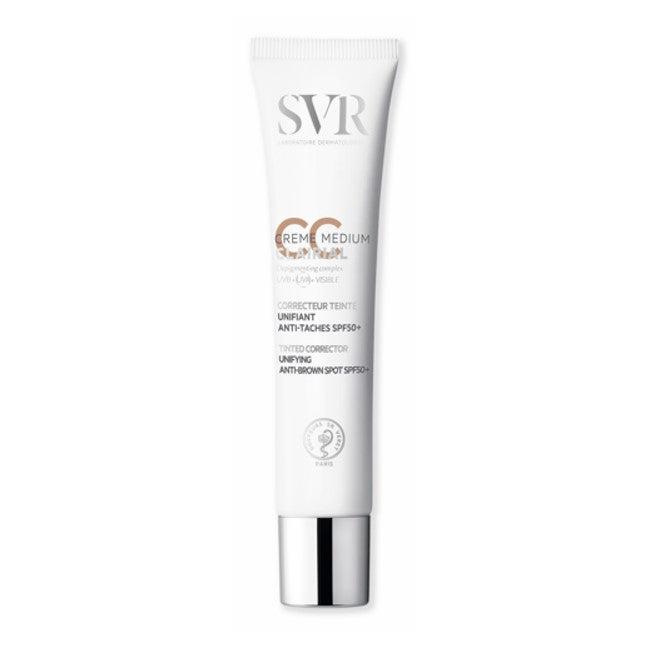 SVR Clairial CC Medium SPF50+ tinted cream in a white squeeze tube with a silver cap against a white background.