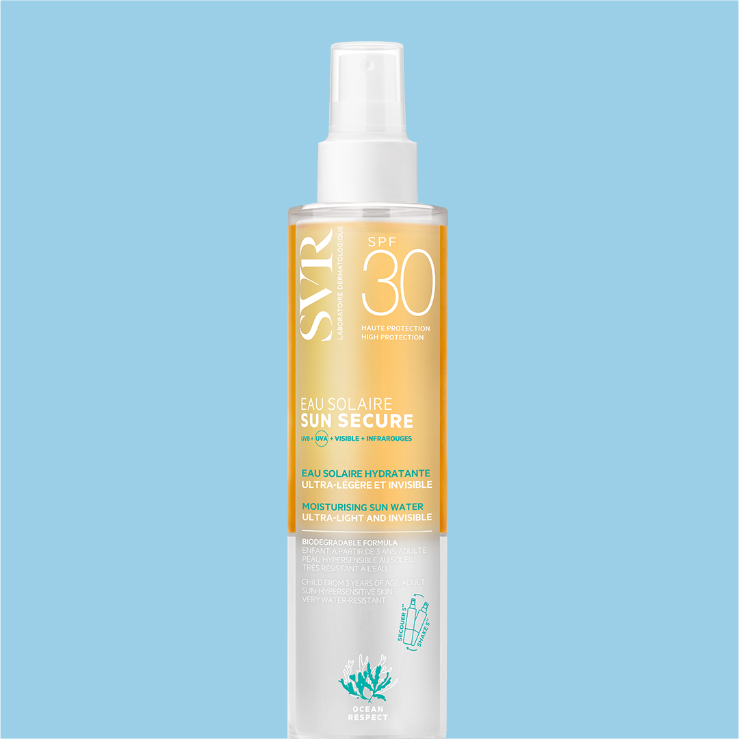 SVR SUN SECURE SPF30 moisturizing sun water spray in a clear bottle with yellow and white branding on a blue background.