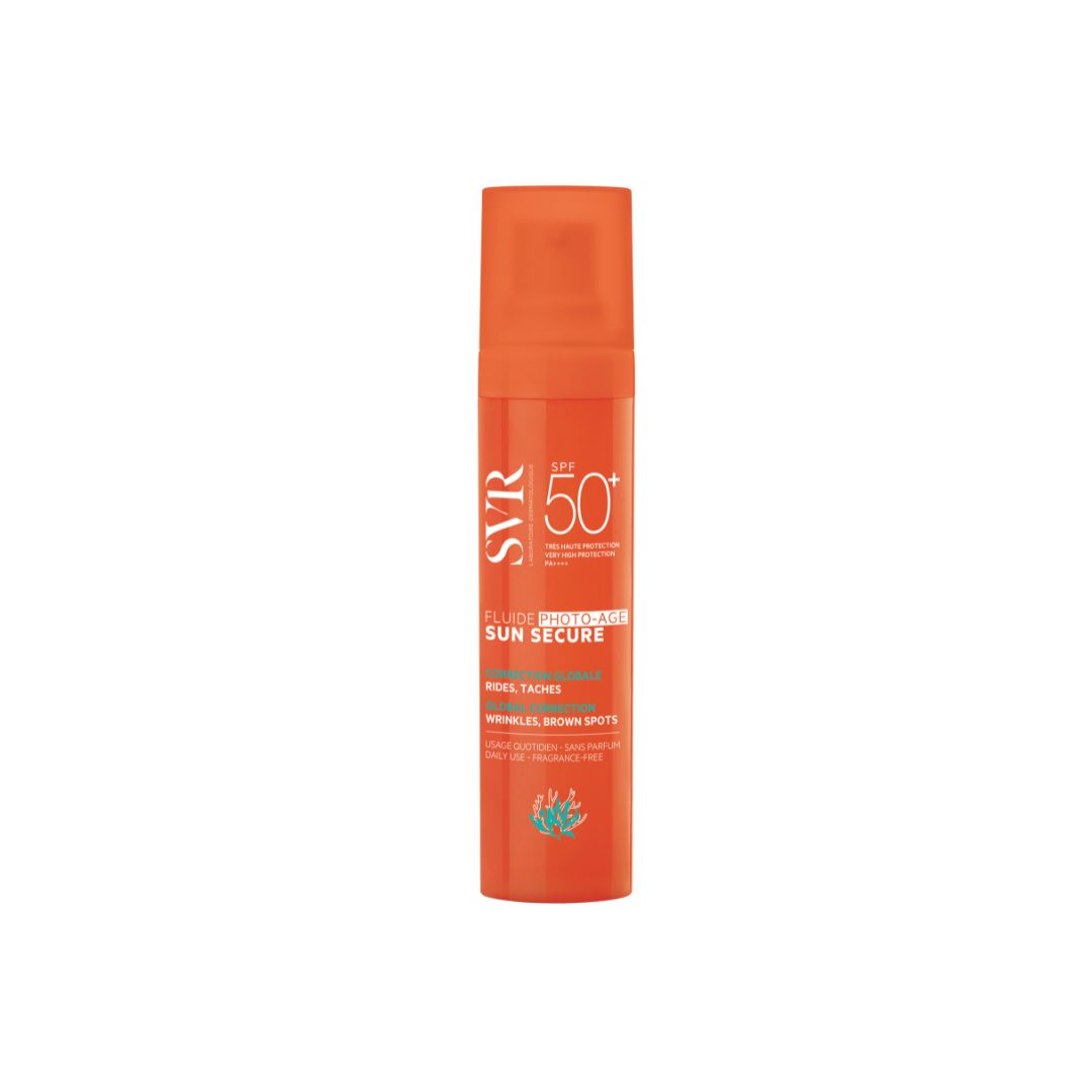 SVR SUN SECURE Fluide Photo-Age SPF50+ orange pump bottle for wrinkle and brown spot correction.