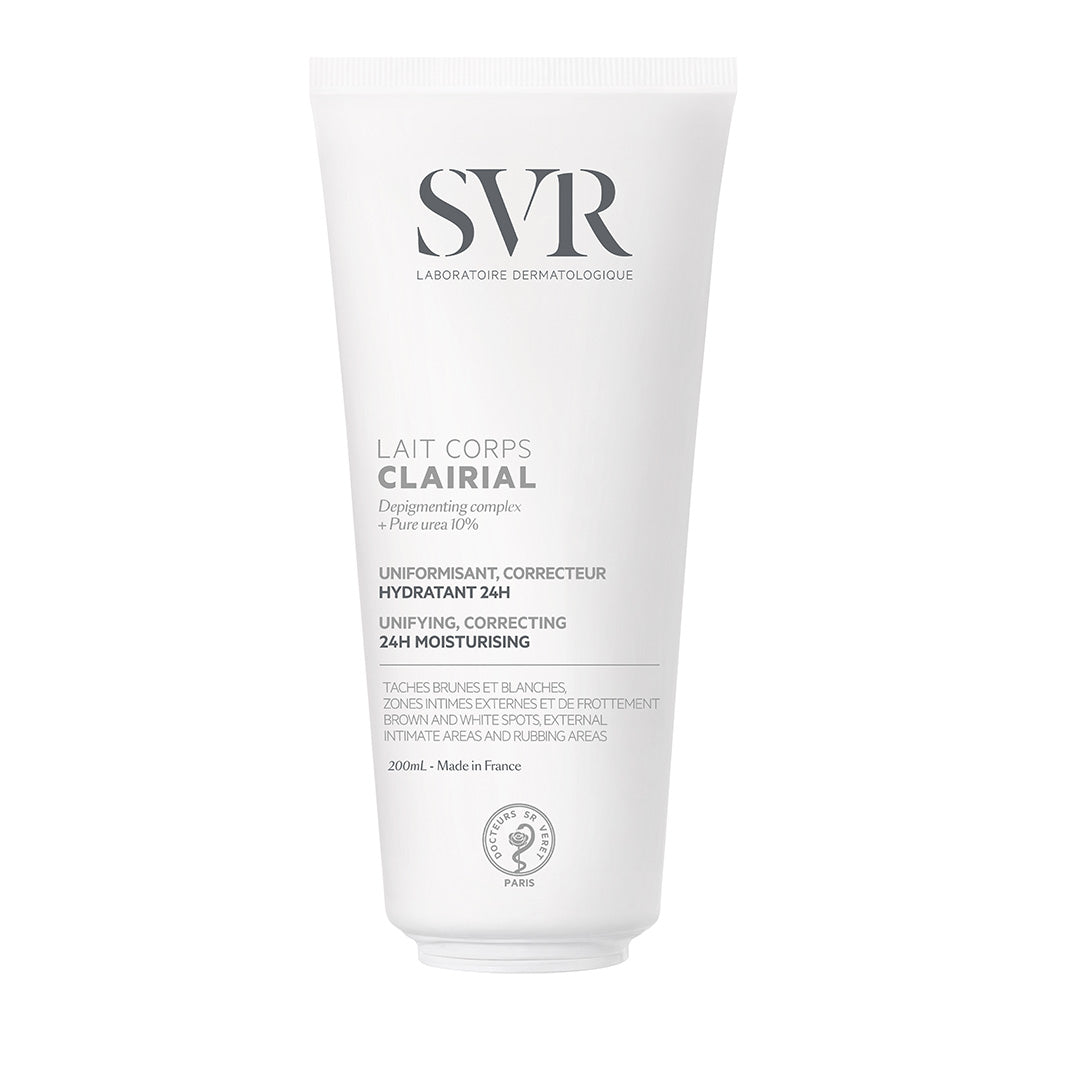 SVR Clairial Lait Corps 200ml white squeeze tube with dark grey text for depigmenting and moisturizing body care.